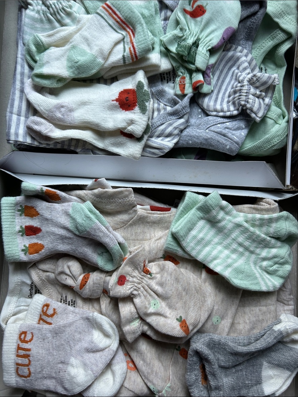 Gerber Neutral Baby Socks & Onesies in gift boxes & wrapped ready to give!